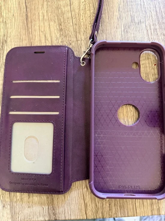 iPhone 16plus Purple Wallet Phone Case with Card Slots and Wrist Strap