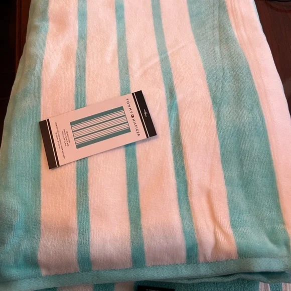 Tommy Hilfiger White and Aqua Striped Beach Towel