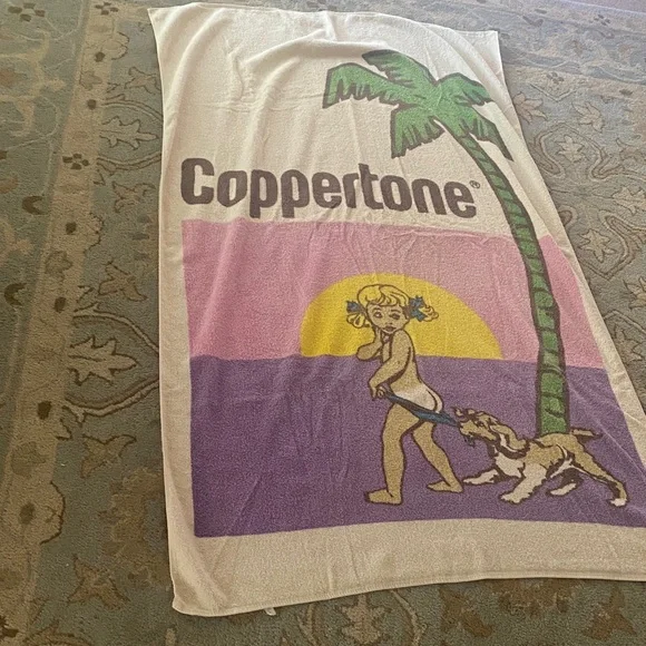 Vintage Cooper-tone Pink and Purple Beach Towel - Graphic Palm Tree Design $90