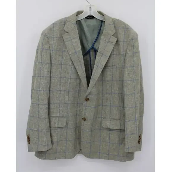 Paul Fredrick Sport Coat Linen Cotton Mens 46R Light Green Plaid Window Pane