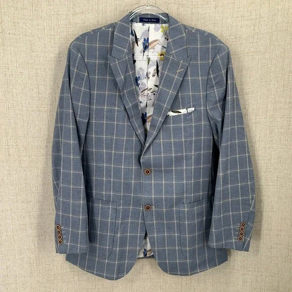 Alan Flusser Sport Coat Mens 40R Blue Linen Blend Windowpane Plaid Floral Blazer