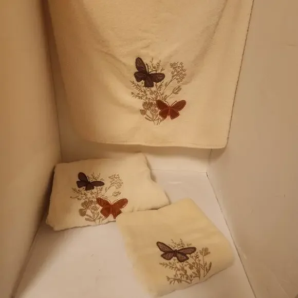 3 piece vintage bath towel trio.  Butterflies Embroidery and Applique