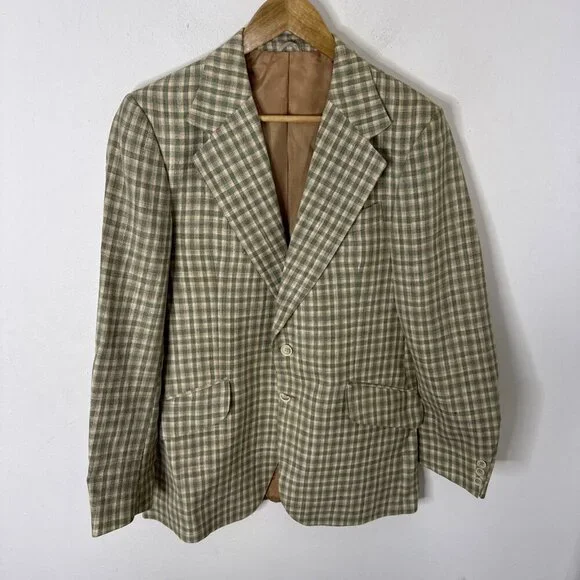 70s Wool Linen Blazer 40 Green Tan Plaid Sport Coat Canada Gooden’s VTG‎ Mod