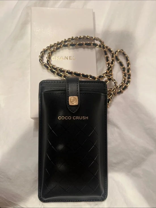 CHANEL Black Coco Crush Quilted Leather Phone Case with Gold Chain