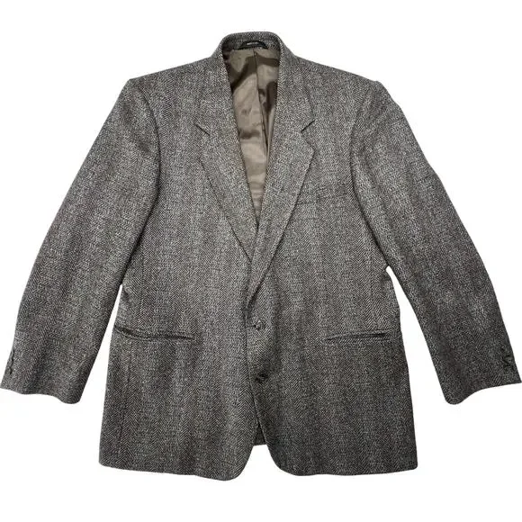 Vintage 90s Haggar Blazer Mens 46R Gray Herringbone USA Wool Tweed Sport Coat