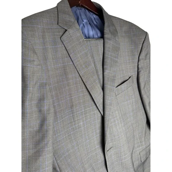 Jos A Bank Reserve Ermenegildo Zegna Wool Suit 46R 38R Grey Blue Plaid Made USA