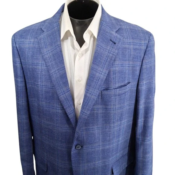 Joseph Abboud Sport Coat Mens 48 Long Blue Plaid Wool Silk Linen Classic Fit