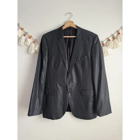 Hugo Boss Satin Virgin Wool Single Breasted Structured Blazer Black Formal 44R