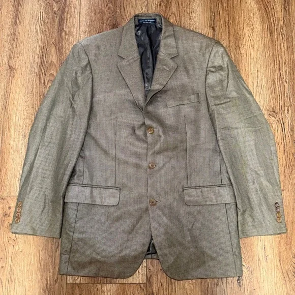 Andrew Fezza Fusion Silk Super 100s Wool Blazer Mens 40R Brown Micro Check