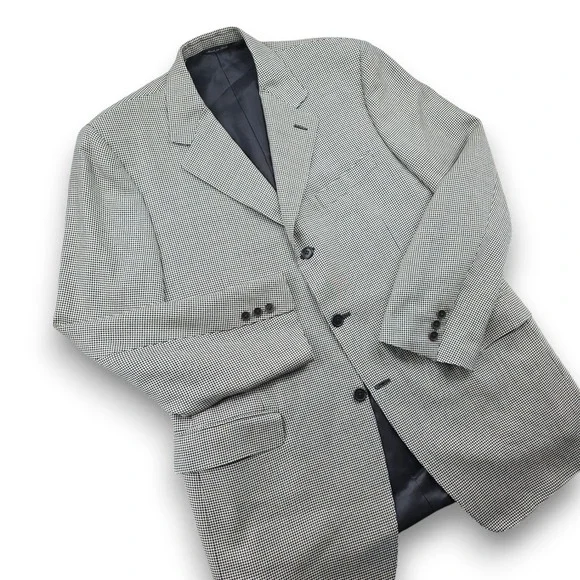 Canali Blazer Men 44R Black White Silk Wool Blend Houndstooth Sport Coat Italy