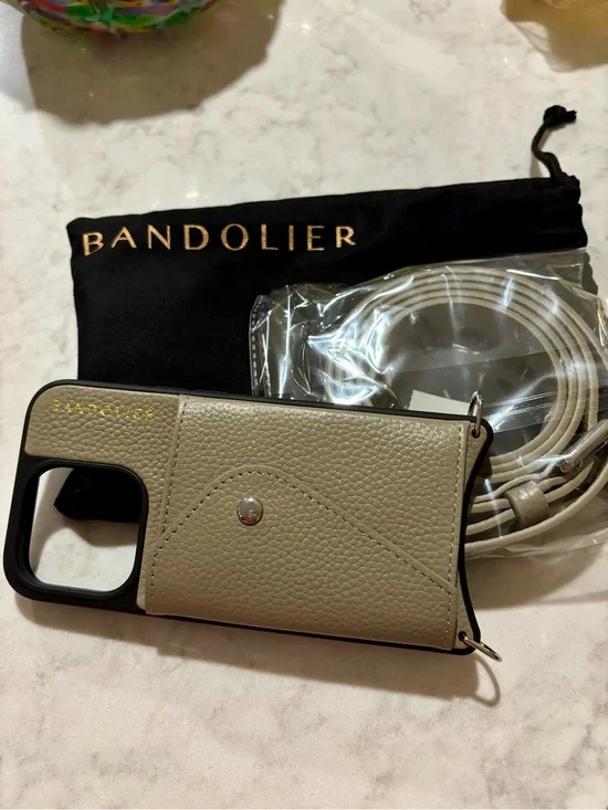 Bandolier Hailey Leather Crossbody Phone Wallet with Strap in Greige/Silver