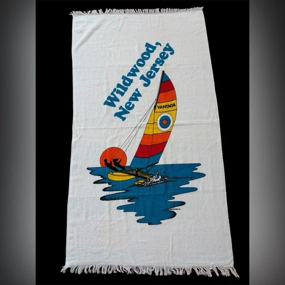 Vtg 80s Wildwood New Jersey 1980 RJR Tob. Co. Beach Towel Retro Windsurf NOS