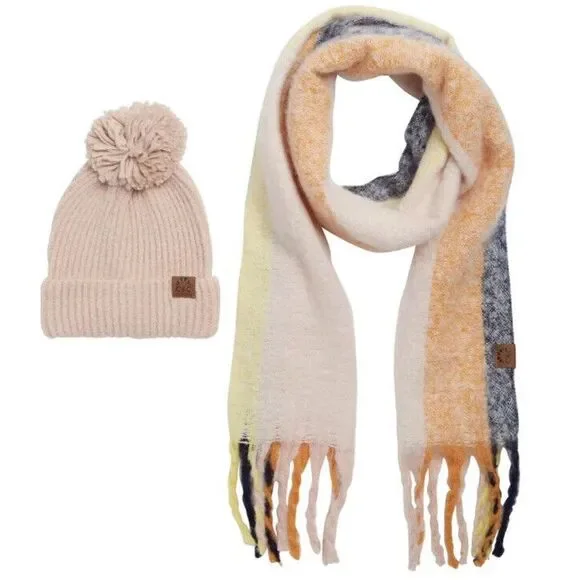 New C & C California 2 Pc. Giftset Rib Pom Beanie & Scarf Set Pink Blush‎ Soft