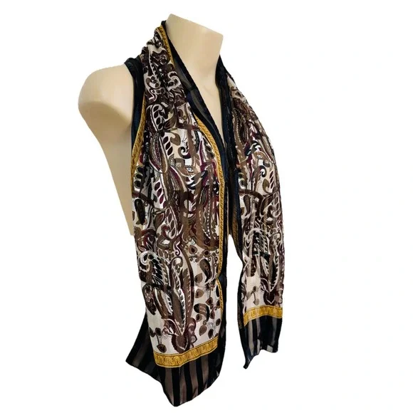 Scarf Burgundy Burnout Paisley‎ Stripe Black Shimmer Purse Scarf Gold