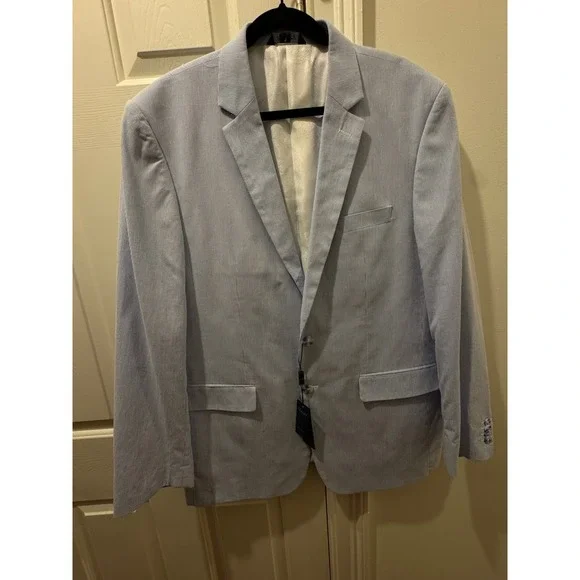 Afazzy New York Mens 48L Seersucker Blazer Light Blue White Striped Jacket‎ NWT