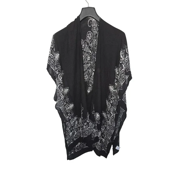 Black White Skull Medallion Print Kimono Wrap Open Front Cover Up Viscose One Sz