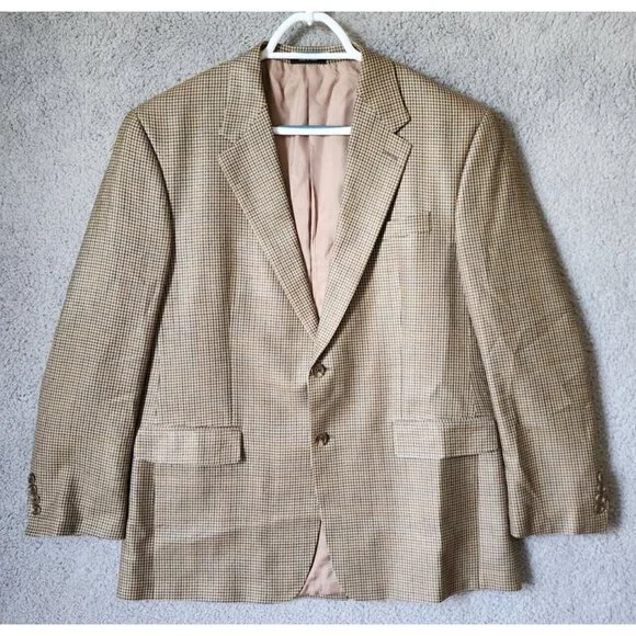 CHAPS Beige Houndstooth Blazer Sport Coat Suit Jacket Men's Size 42‎ R 100% Silk