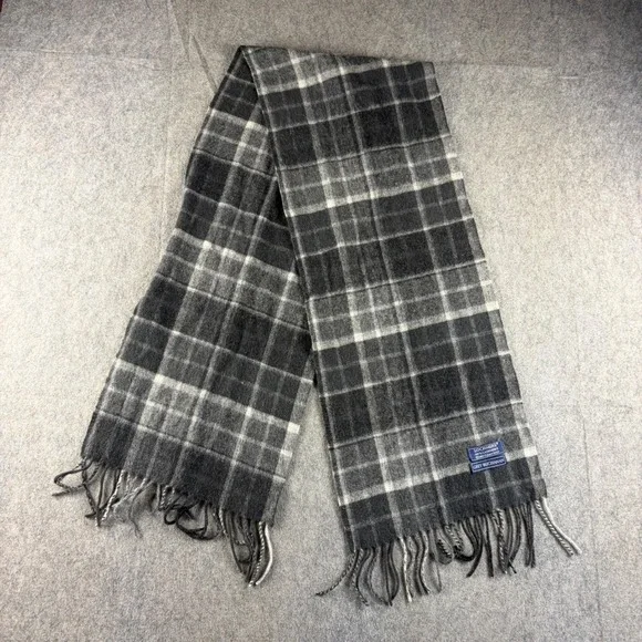 Lochmere Grey Buchanan 100% Cashmere Plaid Scarf Gray White Fringe Made Scotland