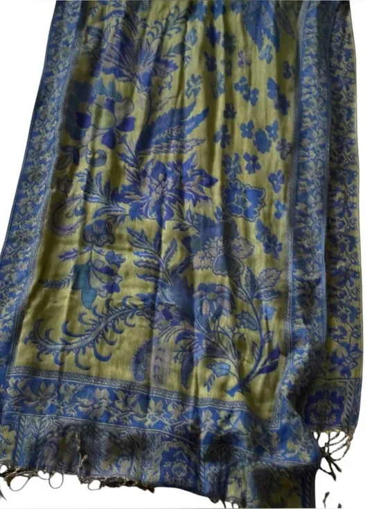 Blue Green Shawl Wrap Scarf Fringe Paisley Jacquard Pashmina Hijab