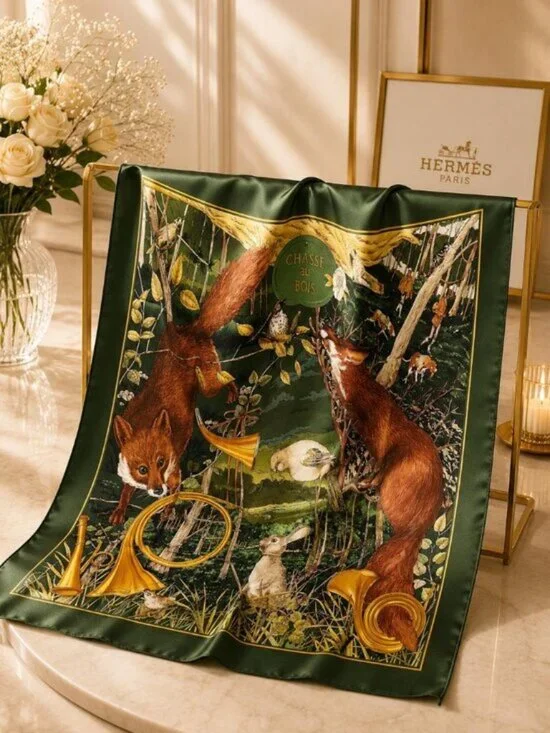 Authentic Hermès Chasse au Bois Carré 90 Silk Scarf Green Hunting Print Made in