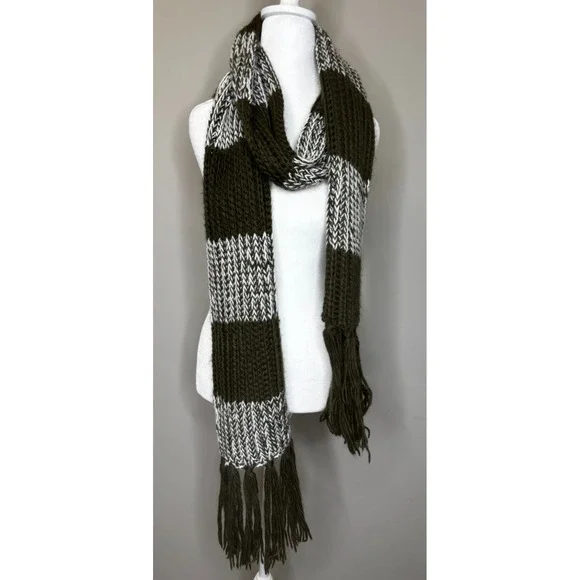 Melrose and Market Colorblock Knit White Green Fringe Long Scarf Winter One Size