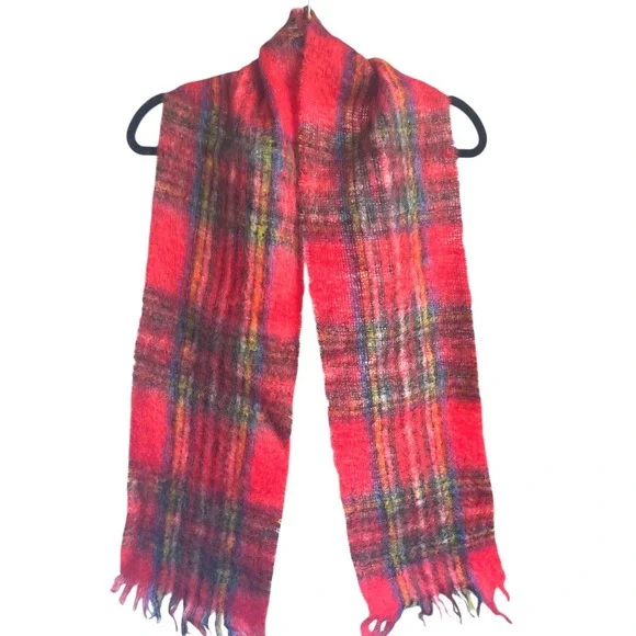 Vintage Red Tartan Plaid Scottish Mohair Wool Scarf Made in Scotland Fringe‎