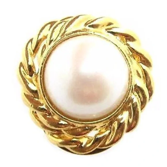 Vintage Beautiful Large Round Faux Pearl Cab Textured Gold‎ Plated Scarf Clip