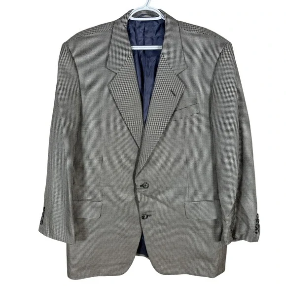 Hickey Freeman Silk Wool Houndstooth Blazer Sport Coat Mens 44R Black White read