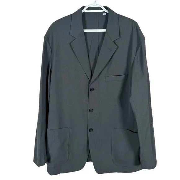 Uniqlo U Blazer Mens L Dark Gray Polyester Linen Blend 3 Button Unstructured