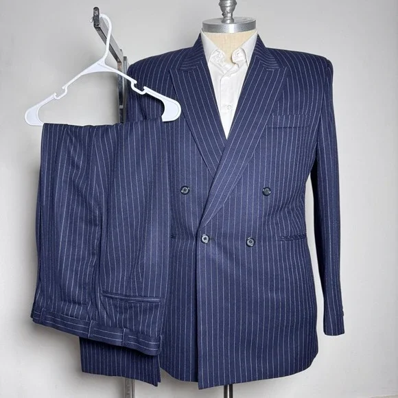 Custom Tailored Vtg Suit Mens 42L 34x33 Navy Pinstripe Double‎ Breasted Peak