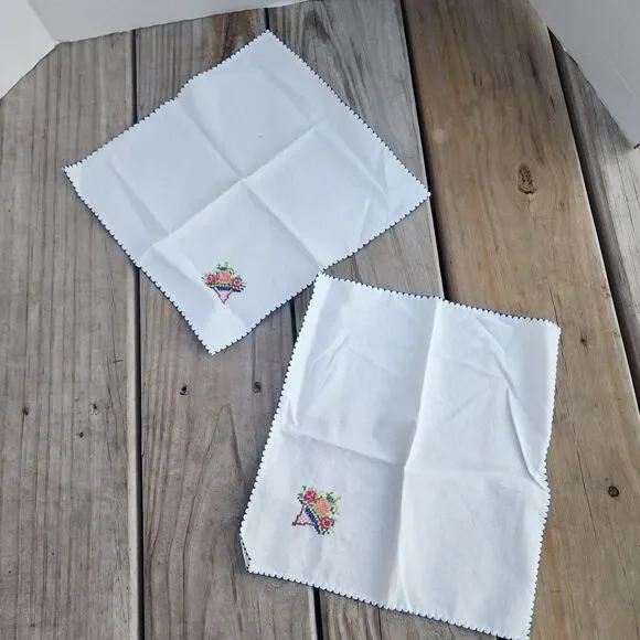 2 Vintage Cotton Handkerchief Hankie Embroidered Cross Stitch w/Flower Bouquet