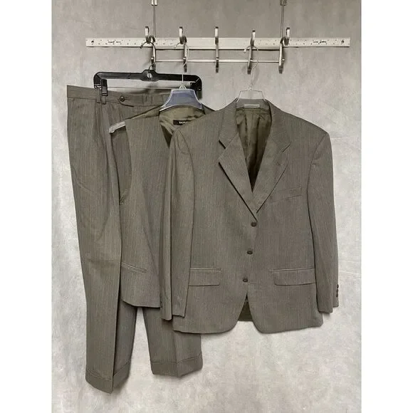 Bachrach Men 3 Piece Suit 42R Light Brown Striped Flannel 33‎ X28.5 Pants Luxury