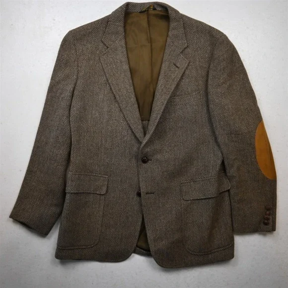 Vtg Mens 40S Brown 100% Wool Tweed Elbow‎ Patches Blazer Suit Jacket Sport Coat