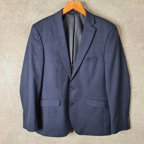 AR Red For Cintas Jacket Men 38R Navy Blue Plaid Blazer Wool Blend 2 Button Coat