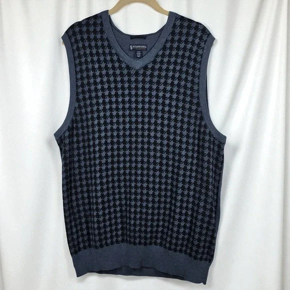Stafford Signature Men's Sweater Vest Large Houndstooth Pima Cotton Blue Preppy‎