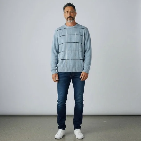Bill‎ Blass Mens Light Blue Cotton Cable Knit Windowpane Crewneck Sweater XL