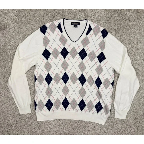 Brooks‎ Brothers Mens White Argyle Supima Cotton V-Neck Sweater Large Navy Grey