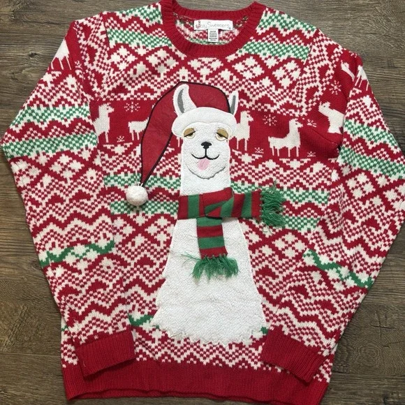 Jolly Sweaters‎ Llama Christmas Sweater Men's M Red & White Embroidered Pullover