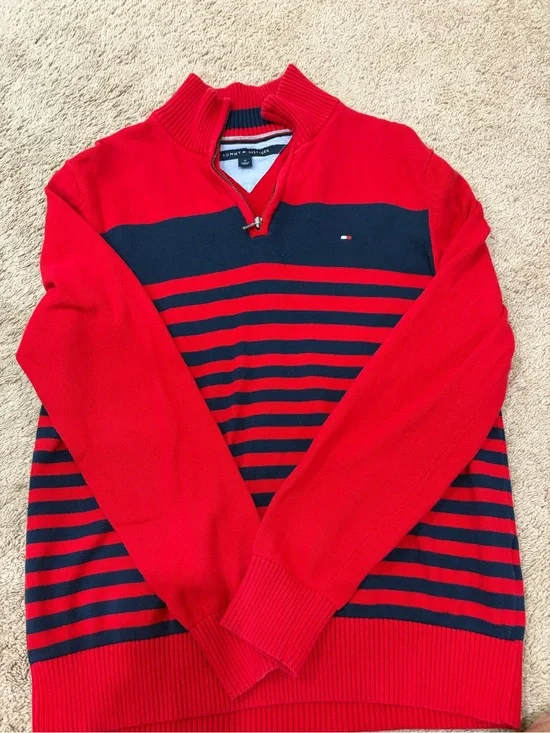 Tommy Hilfiger Red and Navy Striped Quarter-Zip Sweater