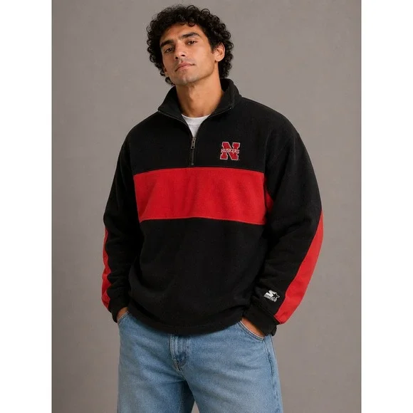 Vintage Starter Nebraska Huskers‎ Quarter Zip Fleece Pullover Black Red Mens XL
