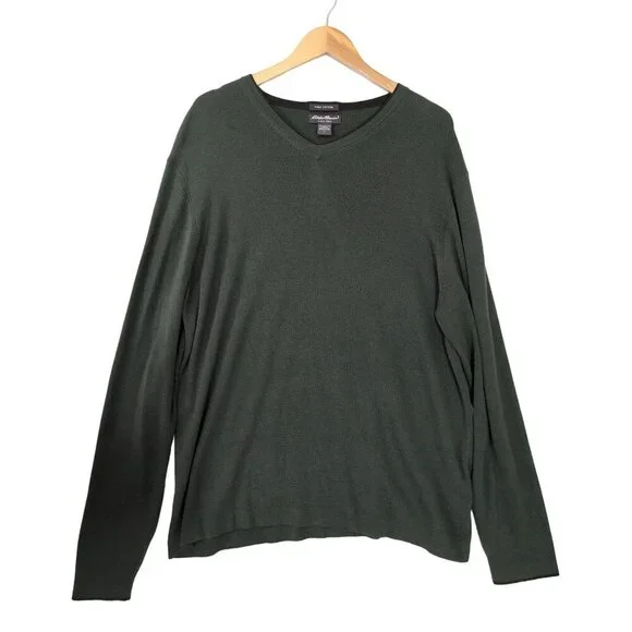 Eddie Bauer Sweater Mens L Green V-Neck Long Sleeve Cotton Casual Everyday‎