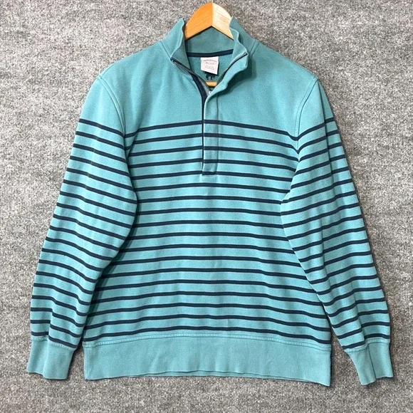 Brooks Brothers Mens Large Teal Navy Striped Quarter Zip Pique Pullover Sweater