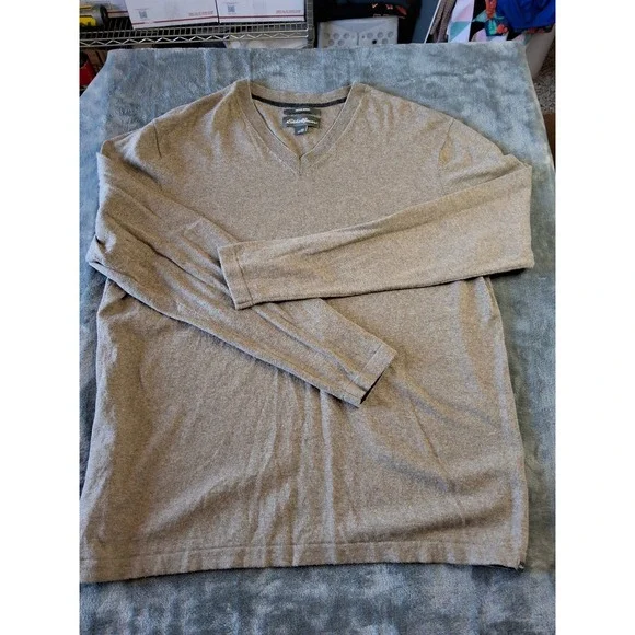 Eddie Bauer Mens TXL‎ V-Neck Sweater Cotton Merino Wool Blend Heather Tan Brown