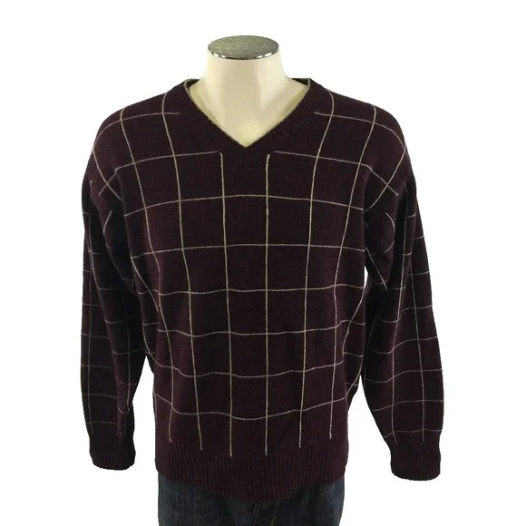 Orvis Vneck 100% Wool Sweater M Maroon‎ Gold Checks Golf Fishing Mens