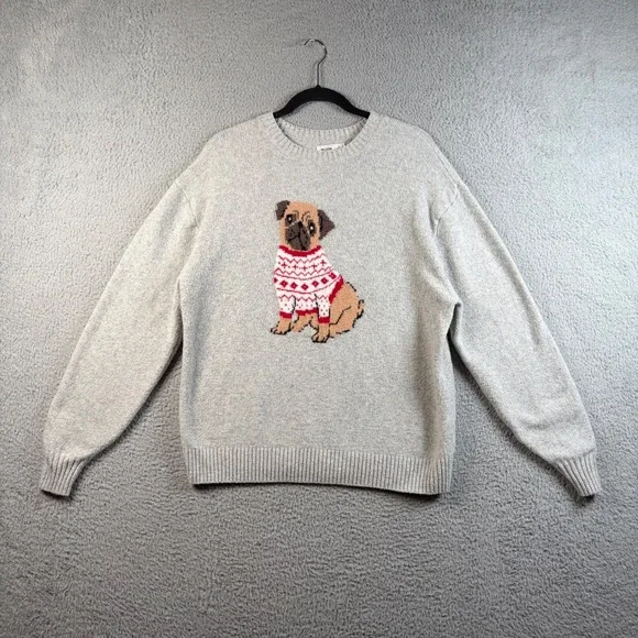 Hollister Gray Pug Dog Fair Isle Sweater Mens Small Crewneck Knit Pullover