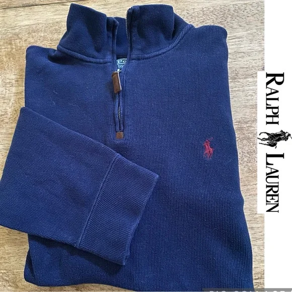 Polo by Ralph Lauren Men’s Size Large Navy Ribbed Knit Quarter Zip Pullover‎