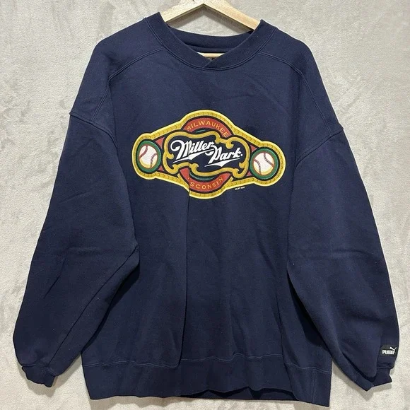 Miller Park Milwaukee VTG Puma‎ Sweatshirt XL Navy Blue Wisconsin Crewneck Logo