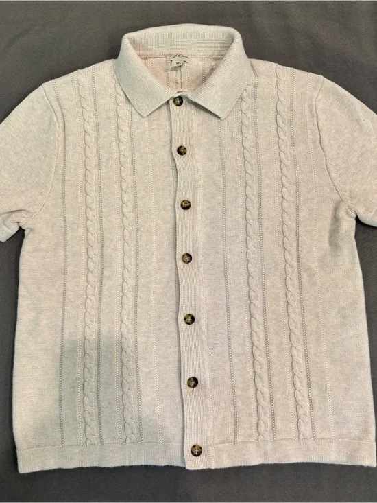 J. Crew Men's Cream Cable Knit Polo-Collar Button Front Sweater Summer Casual M