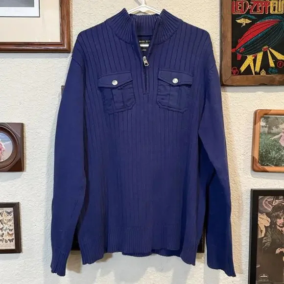 Marc‎ Ecko Cut & Sew Sweater Men Size Large Blue 1/4 Zip Snap Pockets Pullover