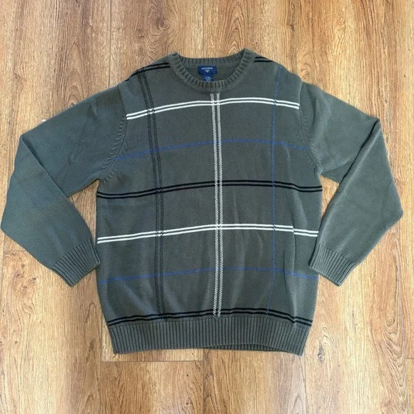 90s Dockers Mens L Tall LT Olive Green Plaid Cotton Crewneck Sweater Knit preppy